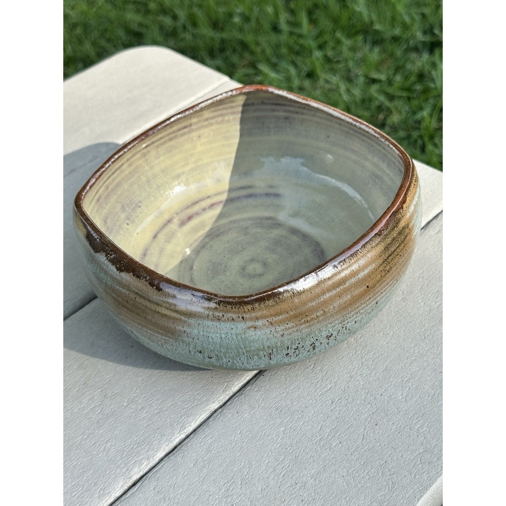 Spirit Song Studio Handmade Pottery Green Brown Glazed Square Bowl Dish 3"x6"